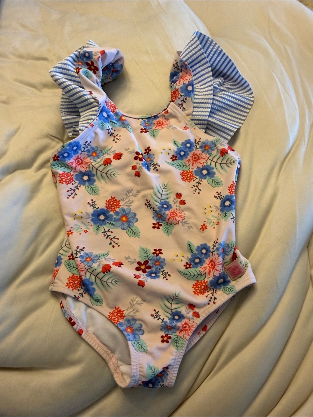 Ruffle Butts 3T Floral Ruffle Strap One-Piece Swimsuit - Pink & Blue